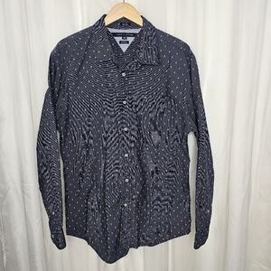 Tommy Hilfiger Navy and White Striped Micro Dot Button Down Shirt   XL